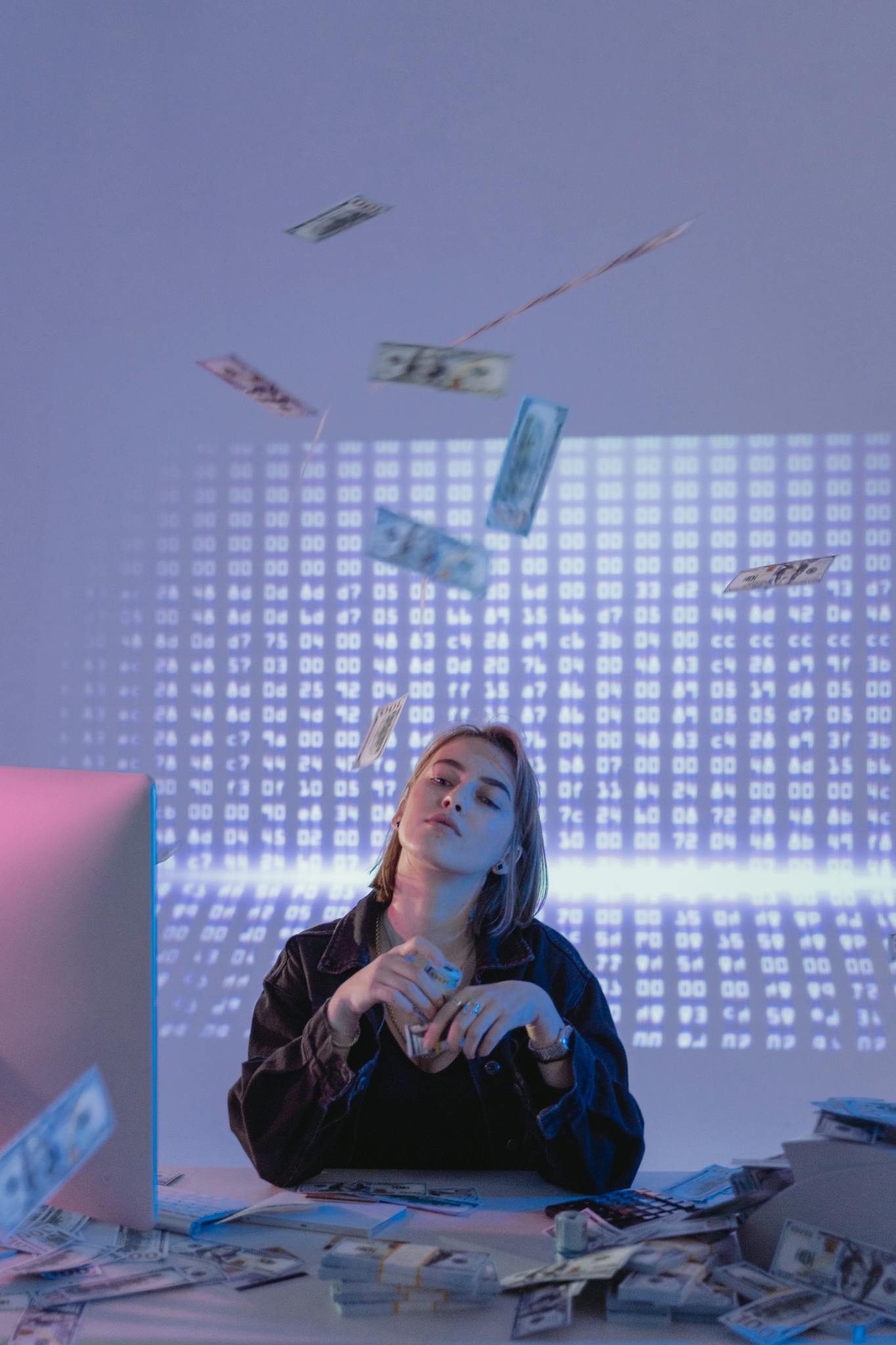 Confident Woman With Cash And Data Projections